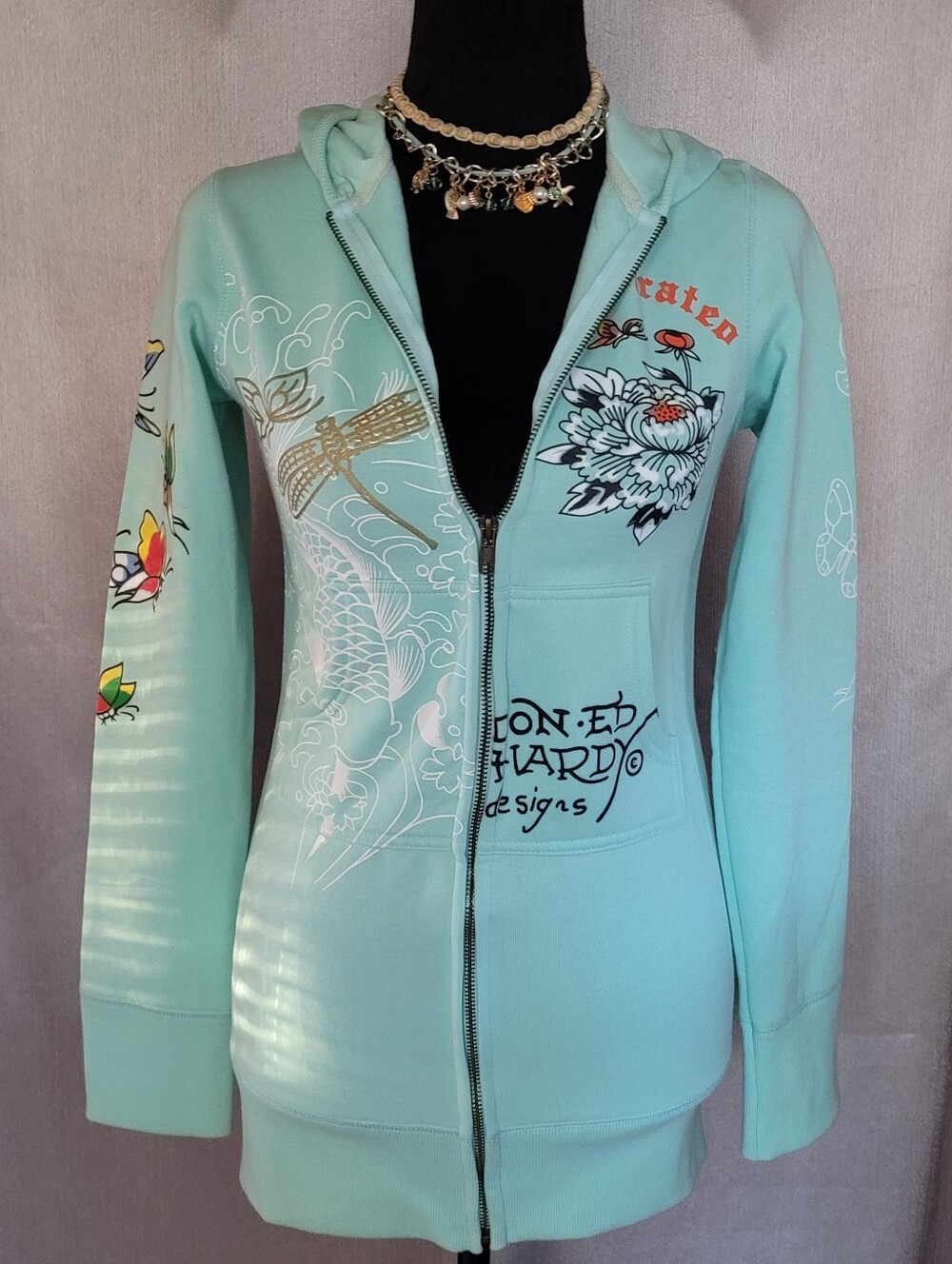Ed Hardy Mint Green Zip Hoodie with Floral Koi Artwork